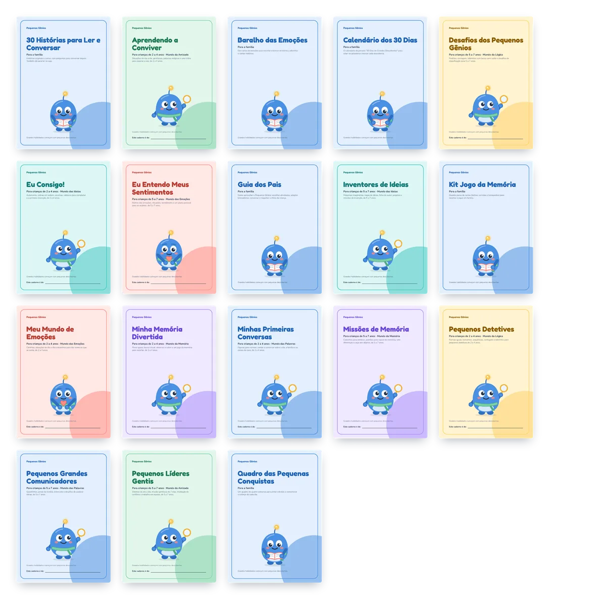 Capas dos 18 cadernos e materiais em PDF do Pequenos Gênios