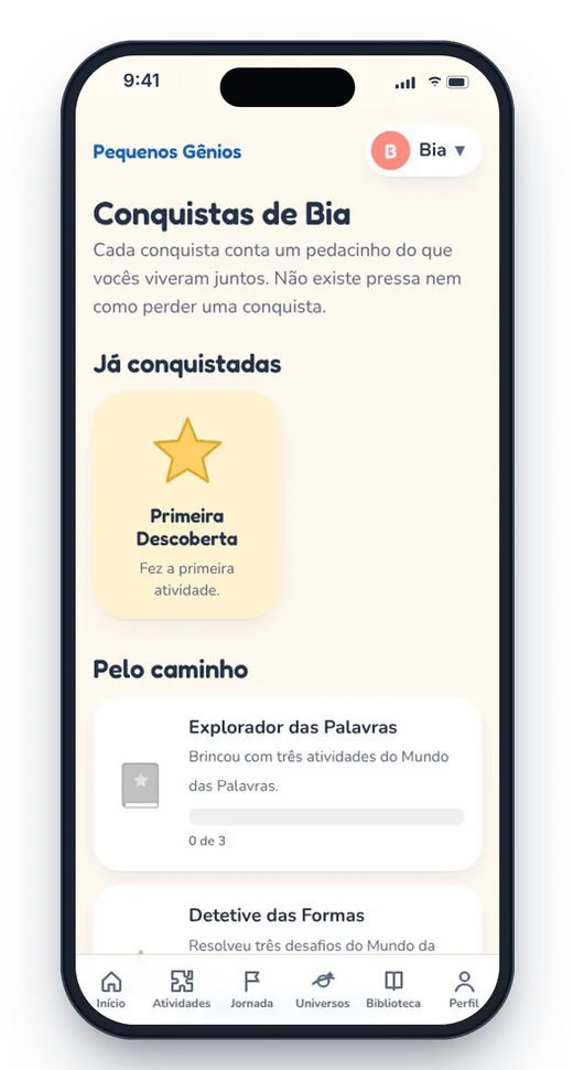 Tela de conquistas com a Primeira Descoberta e o progresso de cada mundo
